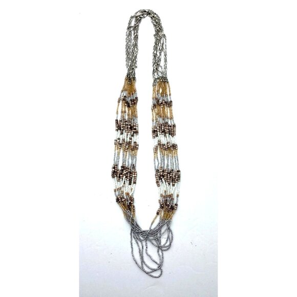 Long Metallic Beaded Necklace Multi Strand 30" Silver White and Copper Tone Bead - Picture 2 of 3
